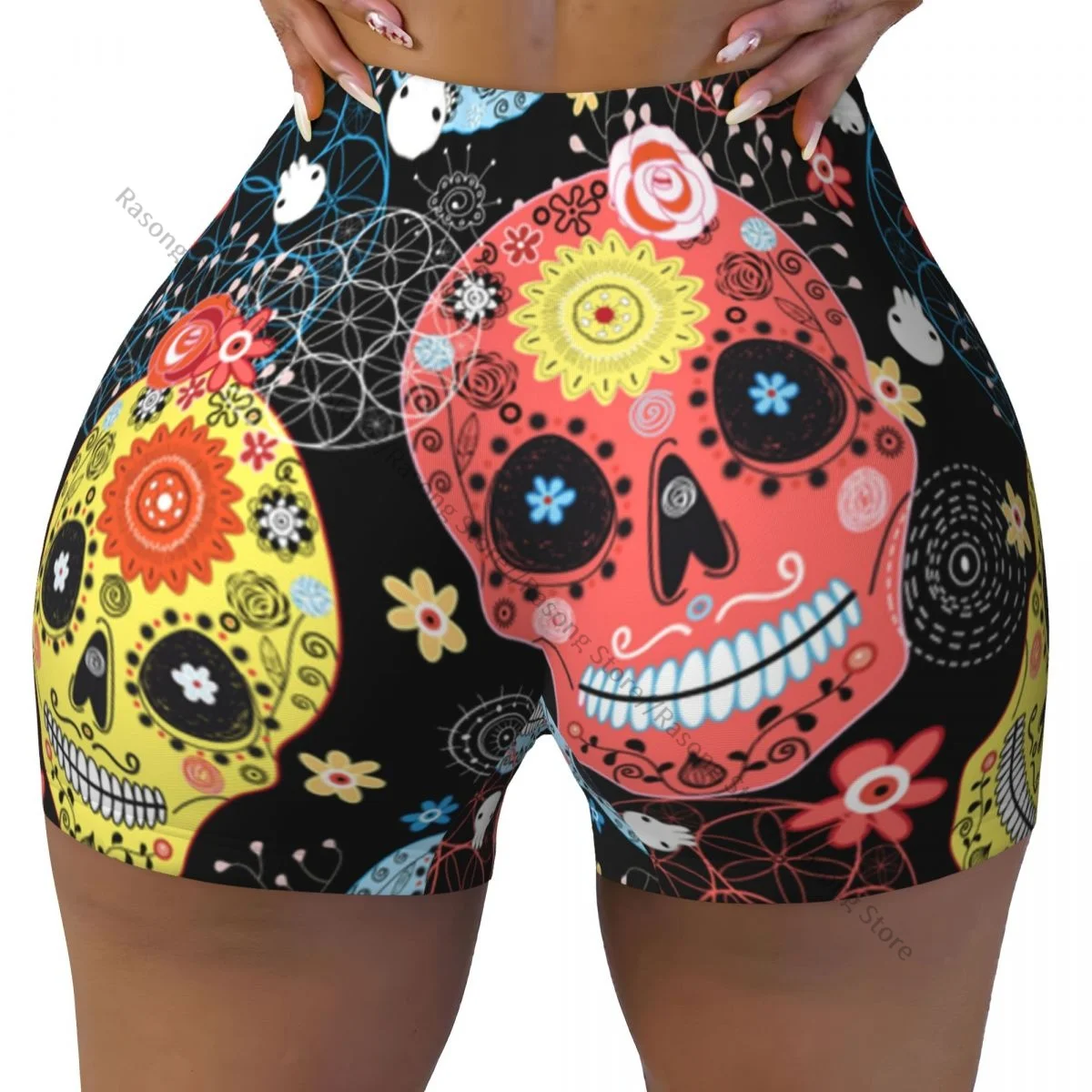 Women Yoga Shorts Cheerful Ornamental Skulls Workout Shorts Fitness quick-dry Ladies Yoga Gym Running Short Pants Sportswear