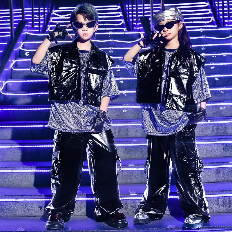 Ballroom Hip Hop Dance Costumes For Kids Black Vest Lather Pants Outfits Boys Streetwear Girls Jazz Dance Drum Clothes DQS23914