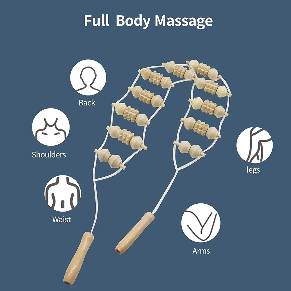 Portable Wood Back Massage Roller Rope Handheld Rolling Massage Strap Lymphatic Drainage Massager for Back Neck Shoulders Legs