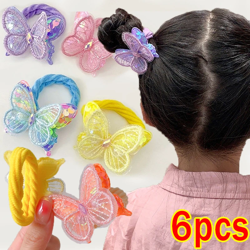 

2-6pcs Sweet Sequin Butterfly Hair Rope Ties Girls Elastic Ponytail Holders Hair Ring Children Kids Cute Baby Headwear Bands