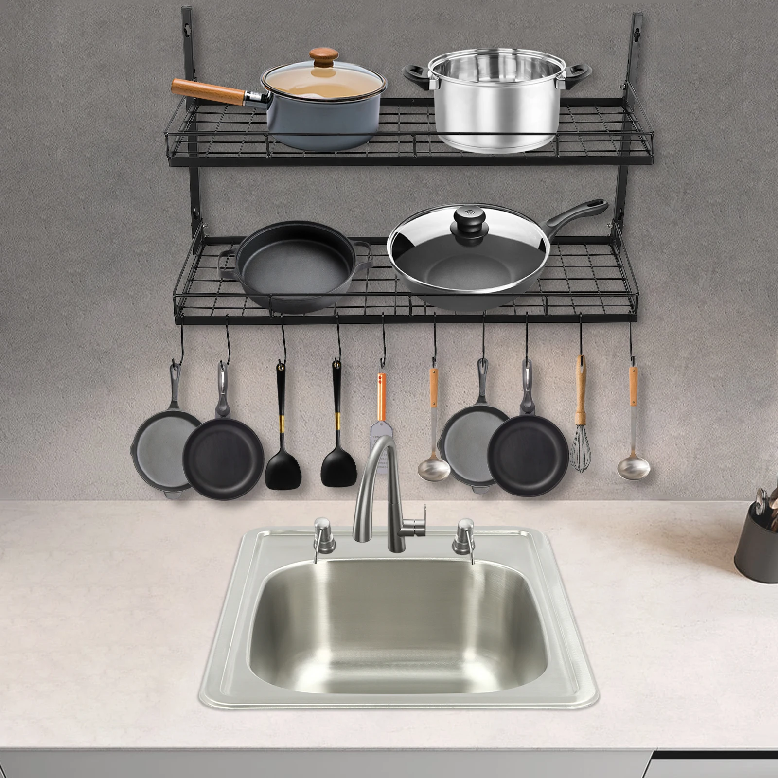 

Hanging Pot Rack, Wall Mounted 2 Tiers Pot and Pan Hanging Rack with 10 Hooks, Pot Storage Rack for Kitchen Pan and Pot