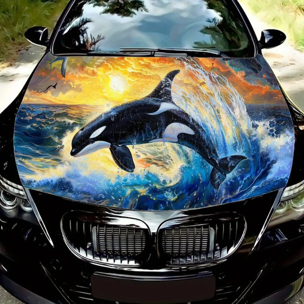 

Killer Whales Leaping Out of Water Car Hood Wrap Color Vinyl Sticker Truck Graphic Bonnet Auto Accessories Decoration Decal Gift