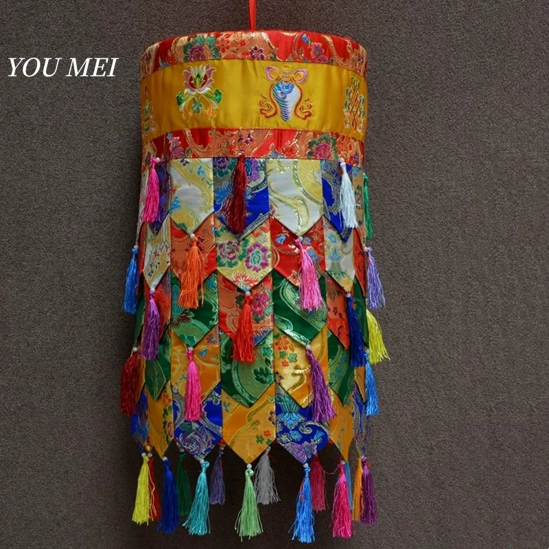 Bannière de prière victorieuse à huit symboles de style tibétain, décoration suspendue pour salle bouddhiste, bannière en satin colorée