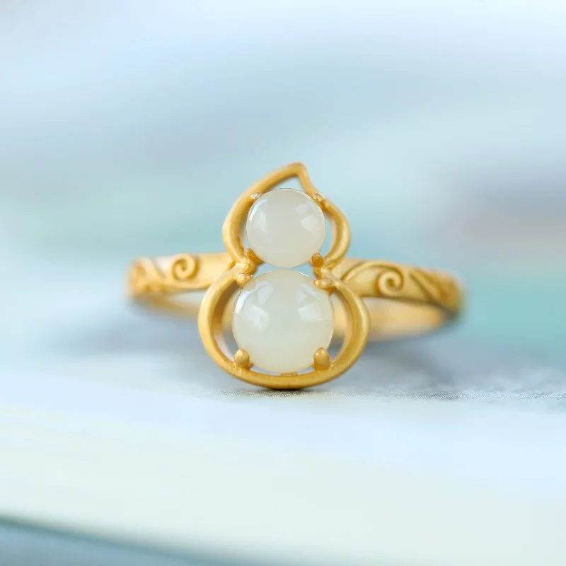 

Authentic Hetian White Jade Egg Noodles Gourd Ring, Retro Gilded Non Fading Open End Ring, High Grade Matte