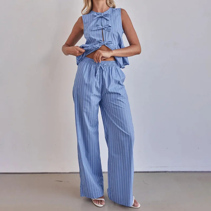 

Fashionable striped vest set 2025 new round neck bow sleeveless top loose wide-leg pants two-piece club clothing Vestidos
