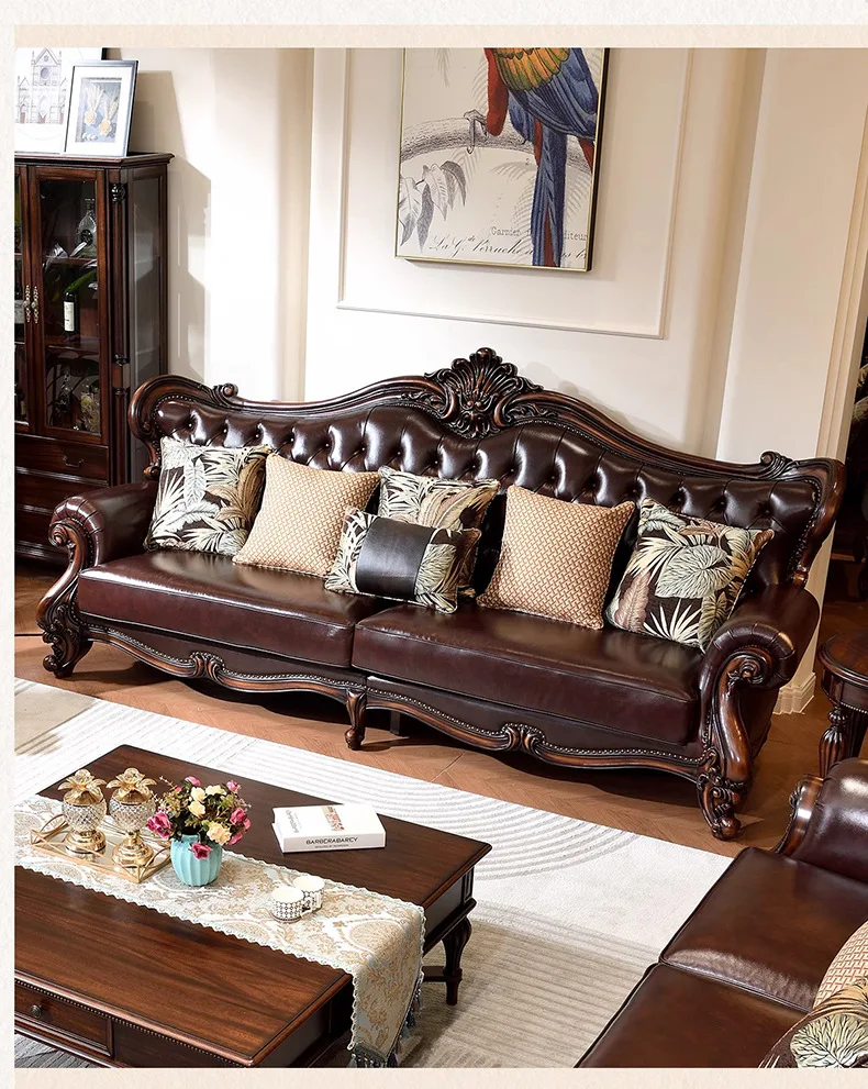 DSA black walnut sofa retro first-layer cowhide multi-person sofa home living room full solid wood straight-row sofa