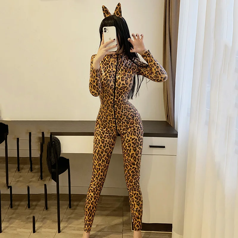 

2PCS/Sets Women Leopard Jumpsuits Babydoll Headband Exotic Porno Zipper Crotchless PU Leather Bodysuits Body Stocking Catsuits