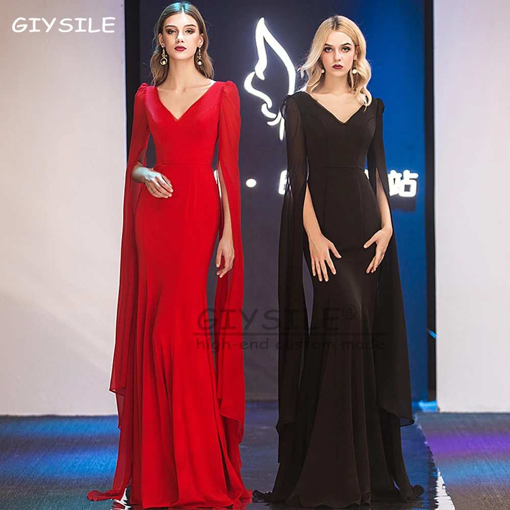 

GIYSILE Customized Sexy Prom Dresses V-Neck Floor-Length Prom Dresses Mermaid Zipper Back Party Dress with Long Sleeves vestidos