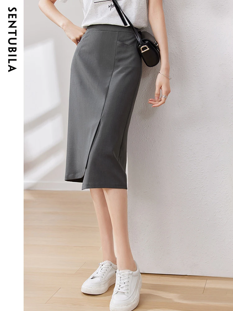 

SENTUBILA Straight Irregular Slit Midi Skirt Woman 2025 Summer High Waist Solid Grey Split Pencil Skirts Pockets 132Q48722