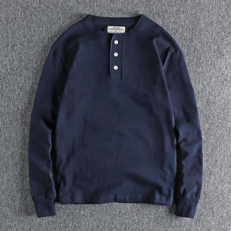 Amekaji Retro Double Yarn 100% Cotton Henry Collar Long Sleeve T-shirt for Men Solid Color Basic Versatile Daily Youth Tees Tops