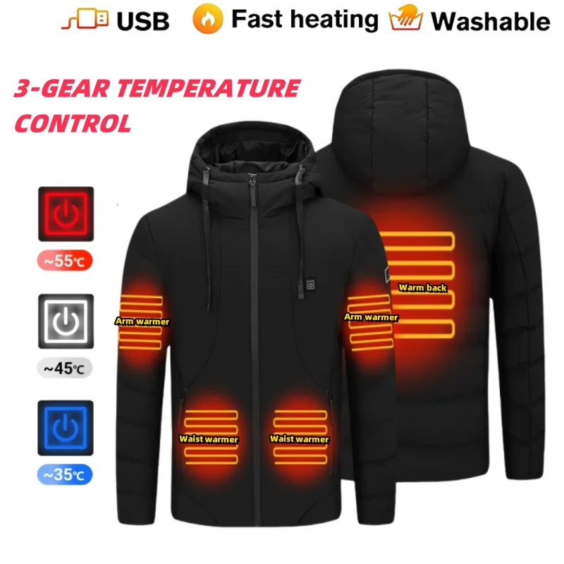 

5 Zone Heating Jacket Men's Winter New Ski Cold-proof Hooded Coat USB Smart Heating Clothes Fashion Waterproof Thickened Parkas