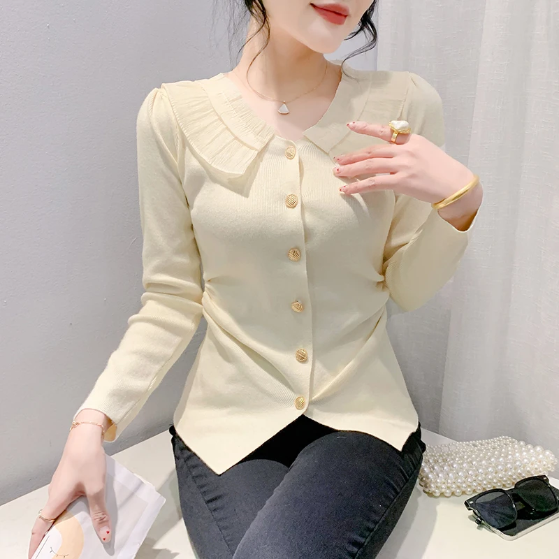 New 2024 Autumn Winter Long Sleeved Peter Pan Collar Knitted Pullover Elegant Slim Vintage Women Sweater Clothes