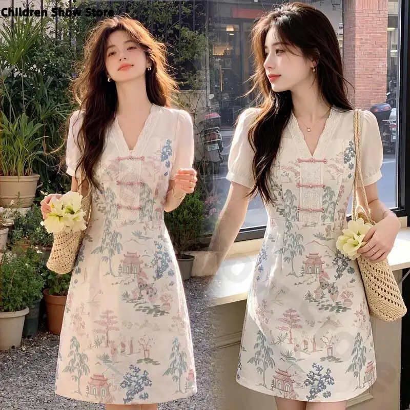 summer-embroidery-print-flower-cotton-qipao-new-improved-chinese-style-short-sleeve-cheongsam-elegant-vintage-button-dresses