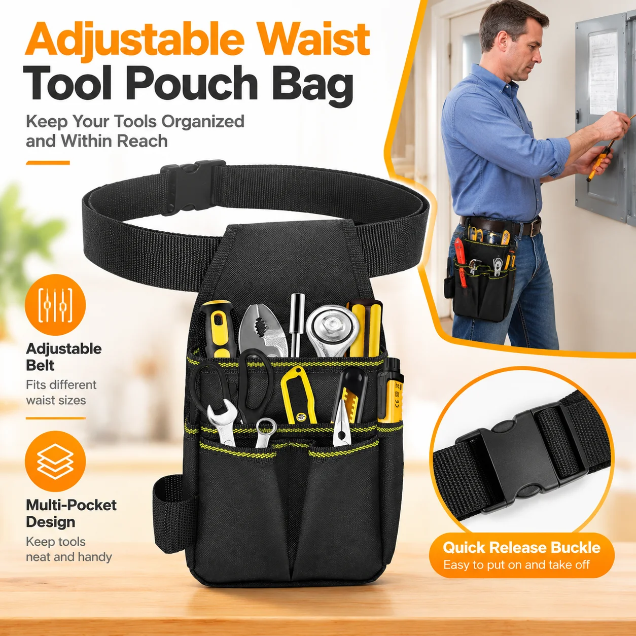 Yitong 1PC Wear‑Resistant Waist Tool Pouch Bag with Adjustable Belt Multi Pocket Portable Electrician Work Use for Men and Women