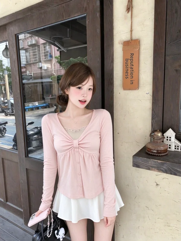 Pink Bowtie Long Sleeve T-Shirt Women's Early Autumn Loose Doll Shirt Light Maturity Unique Style Top Korean Style V-neck