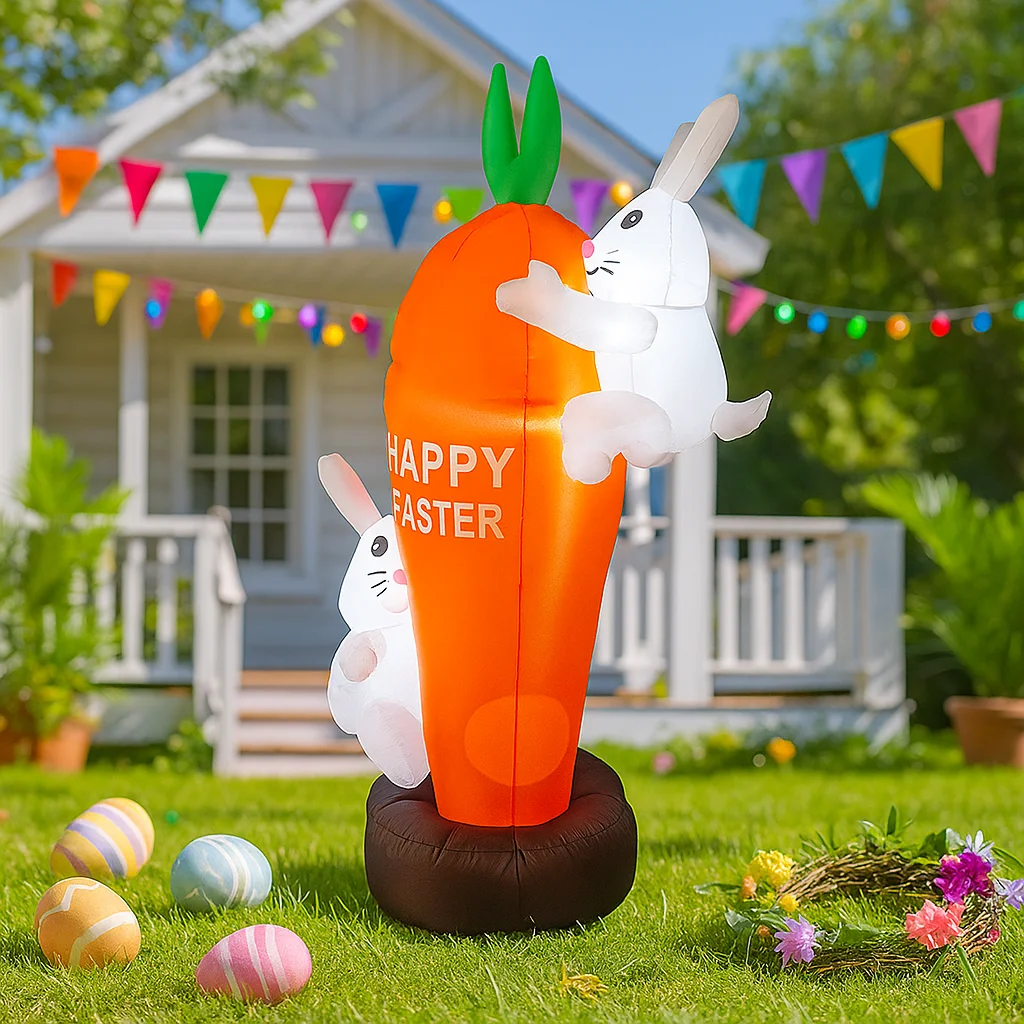 ของตกแต่งอีสเตอร์เป่าลมรูปกระต่ายถือแครอทขนาดใหญ่ 6 ฟุต พร้อมไฟ LED สำหรับงานปาร์ตี้