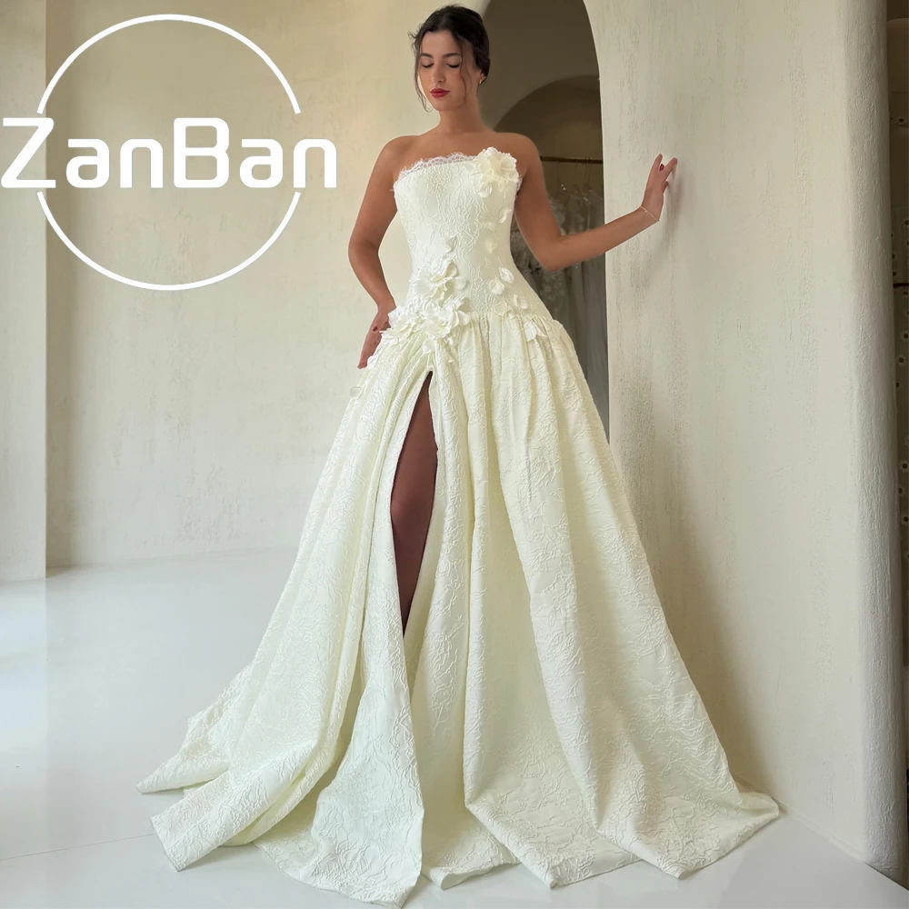 ZanBan Customized 2026 Lvory Jacquard A-line Wedding Dress Sleeveless Bridal Gown Princess Satin свадебное плать Side High Slit