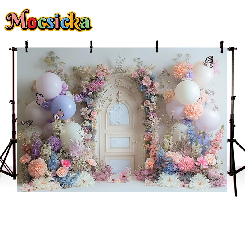 خلفية تصوير Mocsicka ، الباستيل الربيعي ، البالون الزهري ، ديكور القوس العتيق ، خلفية صورة فنية ، استوديو الصور ، الأطفال والكبار