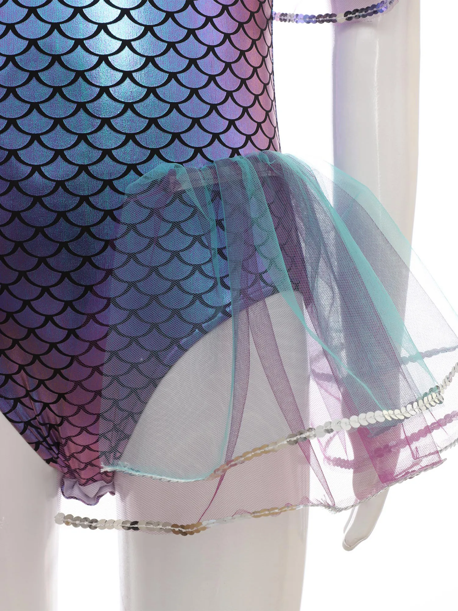 أطفال بنات حورية البحر ارتداءها لامعة قشور السمك طباعة الترتر شبكة توتو يوتار مع أكمام أذرع تبريد هالوين كرنفال تأثيري حلي