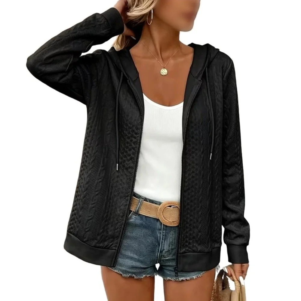 Solid Color Womens Cable for Knit Hooded Zip Up Jacket Polyester Medium Stretch Regular Fit Spring Summer Autumn Winter