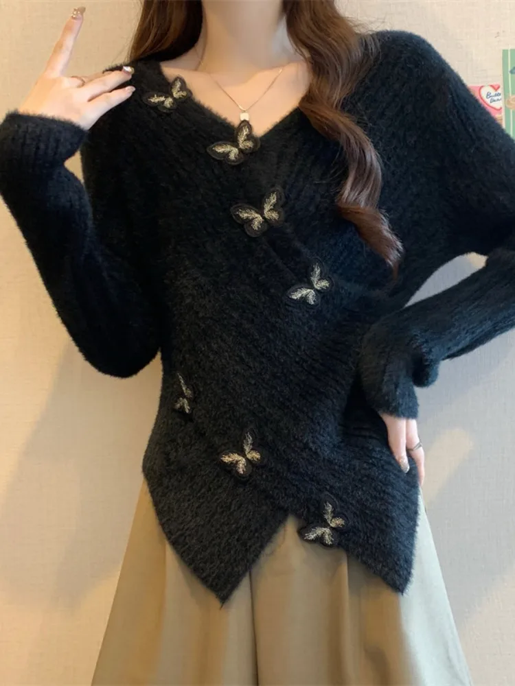 

Bla ort V-Ne Irregular Mink Sweater Women's Autumn Faion Inner Wear Base irt Miu Series Autumn Winter Top