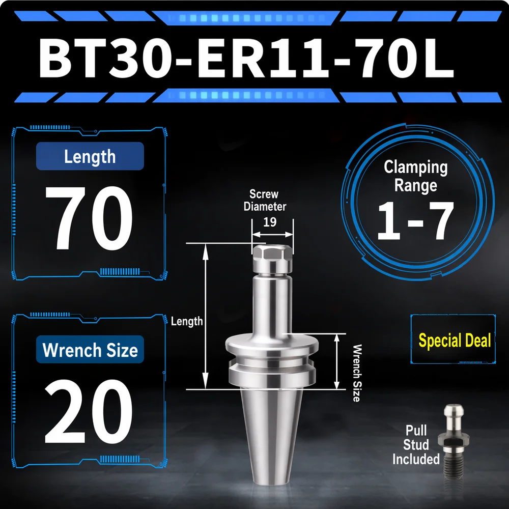 BT30-ER11 ER16 CNC Collet Chuck Holder 70-150mm Length 1-7 1-10 Clamping Range Milling Tool Holder Free Pull Stud