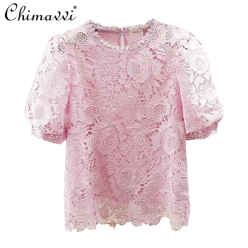 Mode Schwere Spitze Hohl Sexy Hemd Frühling und Sommer Neue Süße Blase Kurzarm Dünne Vielseitige Bluse frauen Top