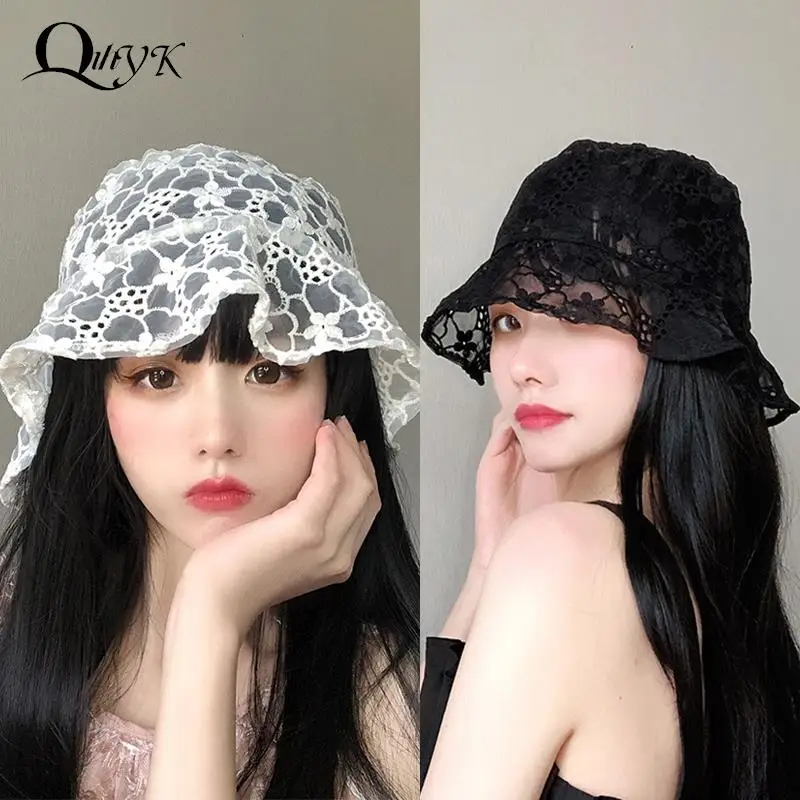 2023 New Lace Hat for Women Soft Flower Wide Brim Sun Hats Beach Hollow Summer Fisherman Hats Ladies Bucket Hat