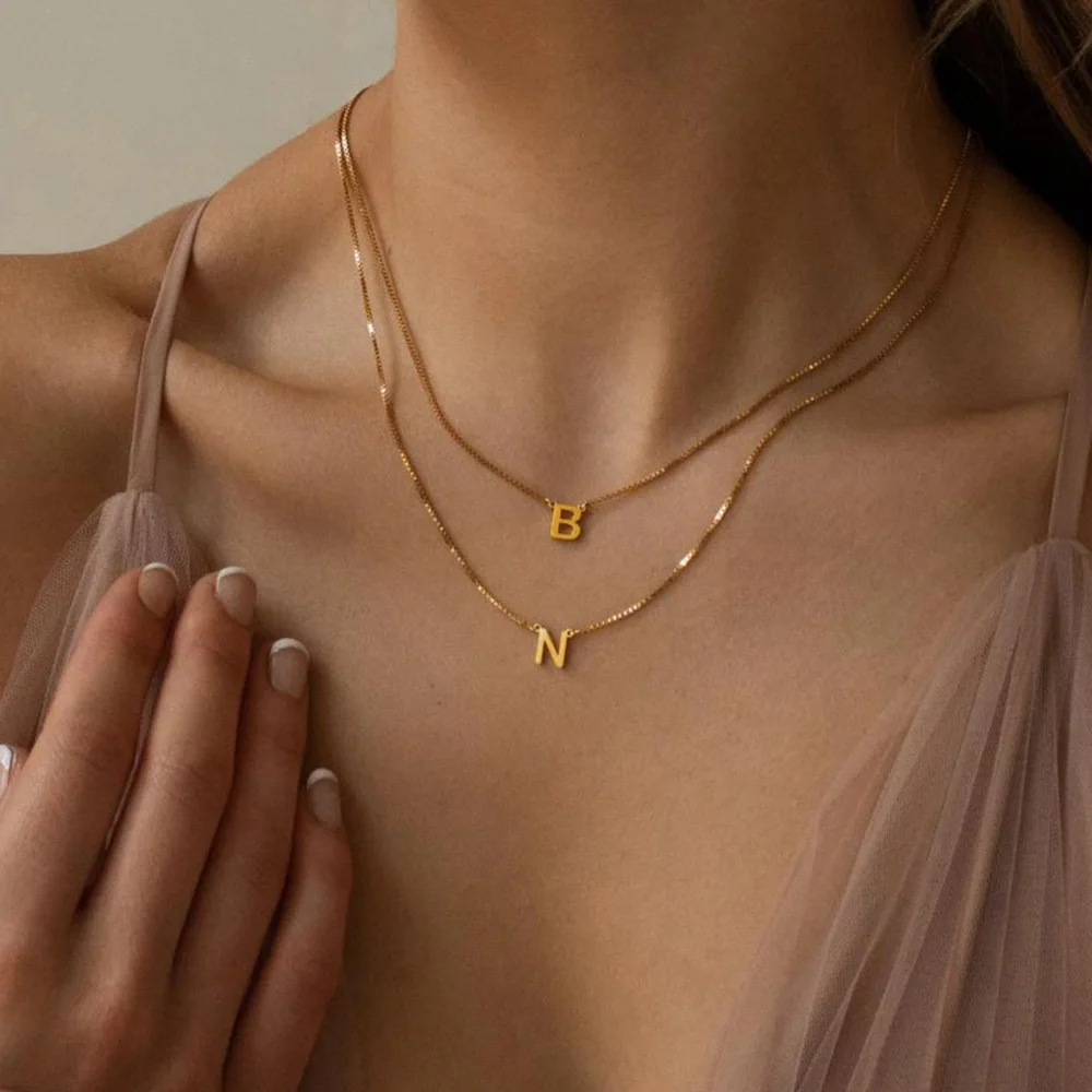 

Layered Letter Necklace by Caitlyn Minimalist•Two Initial Necklace with Box Chain•Custom Minimalist Jewelry•Couples Gift
