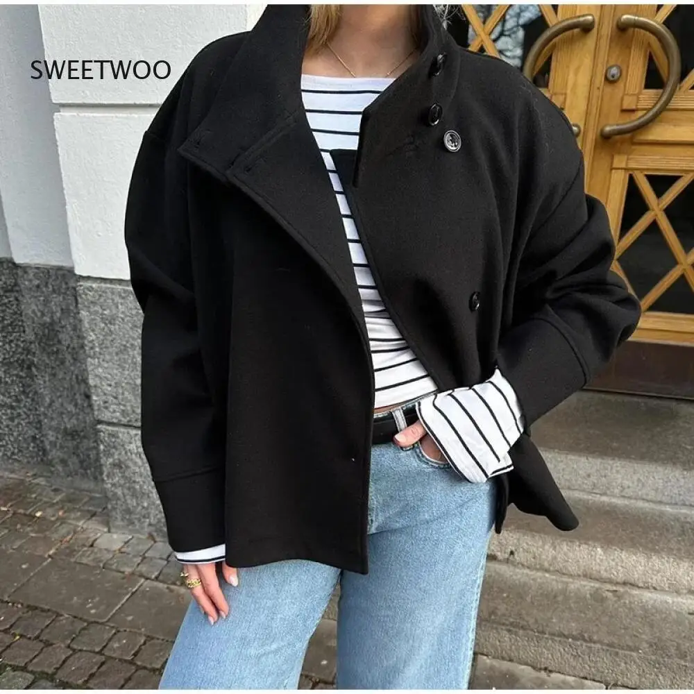 Women's Single Breasted Dark Blue Woolen Coat - 2025 New Stand Collar Loose Office Lady Short Outerwear