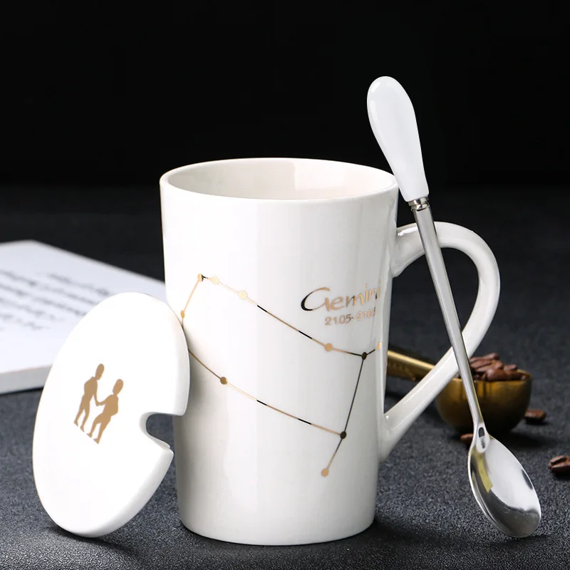 Creative and Personalized Ceramic Mug, Twelve Constellations Coffee Cup with Lid, Spoon, Couple Water Cup, Gift, Household Cup