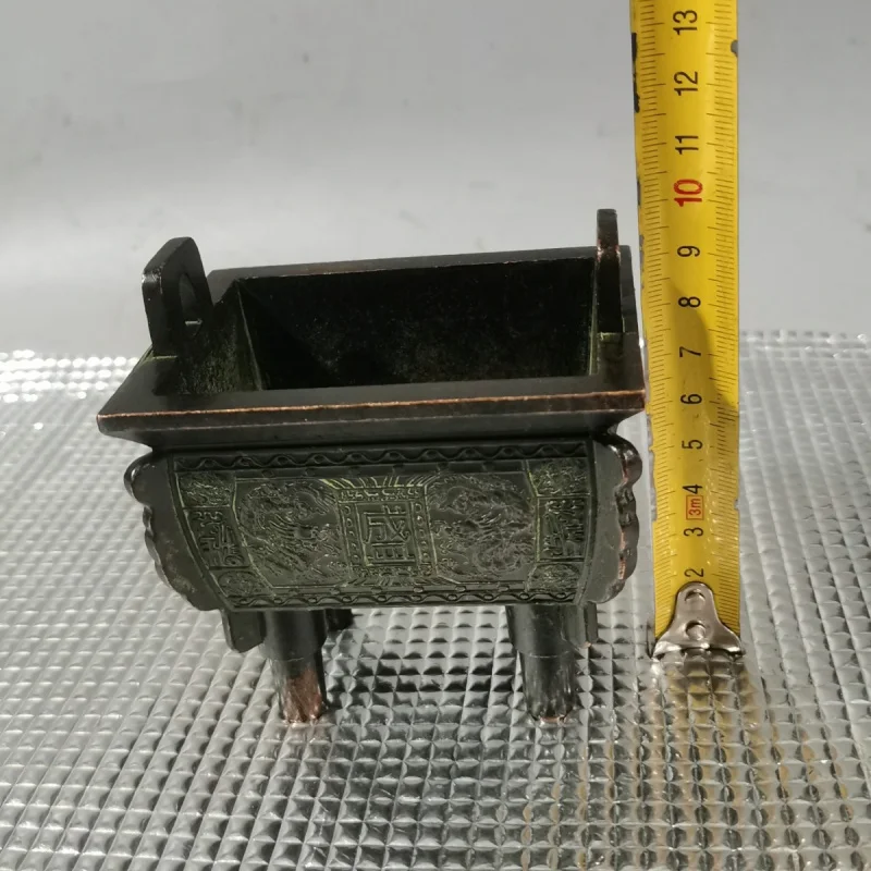 Pure Copper Tripod Ornament Wealth-Attracting Double Dragon Tripod Incense Burner Antique Bronze Rectangular Large Tripod Feng S