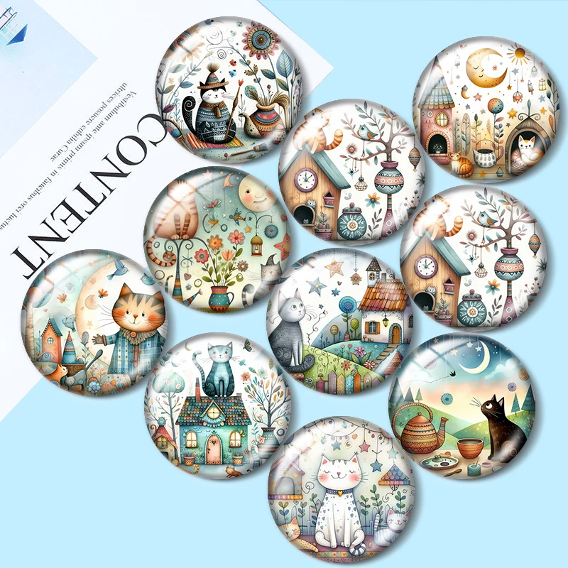 Whimsical Cats 10pcs 12mm/16mm/18mm/30mm Round Photo Glass Cabochon 25mm Demo Flat Back Making findings