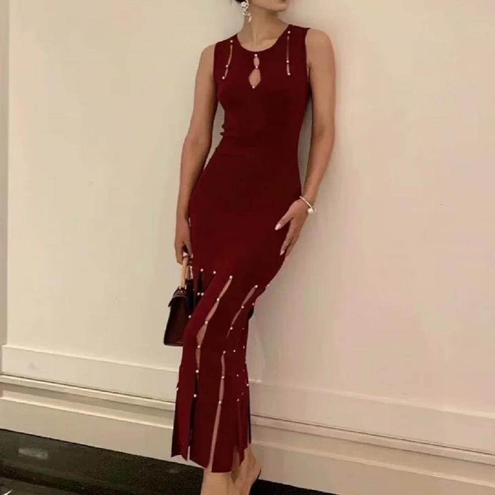 

traf 2025 woman long skirt knitted beaded tassel corset elegant ladies dress y2k clothes New fashion high quality party skirt