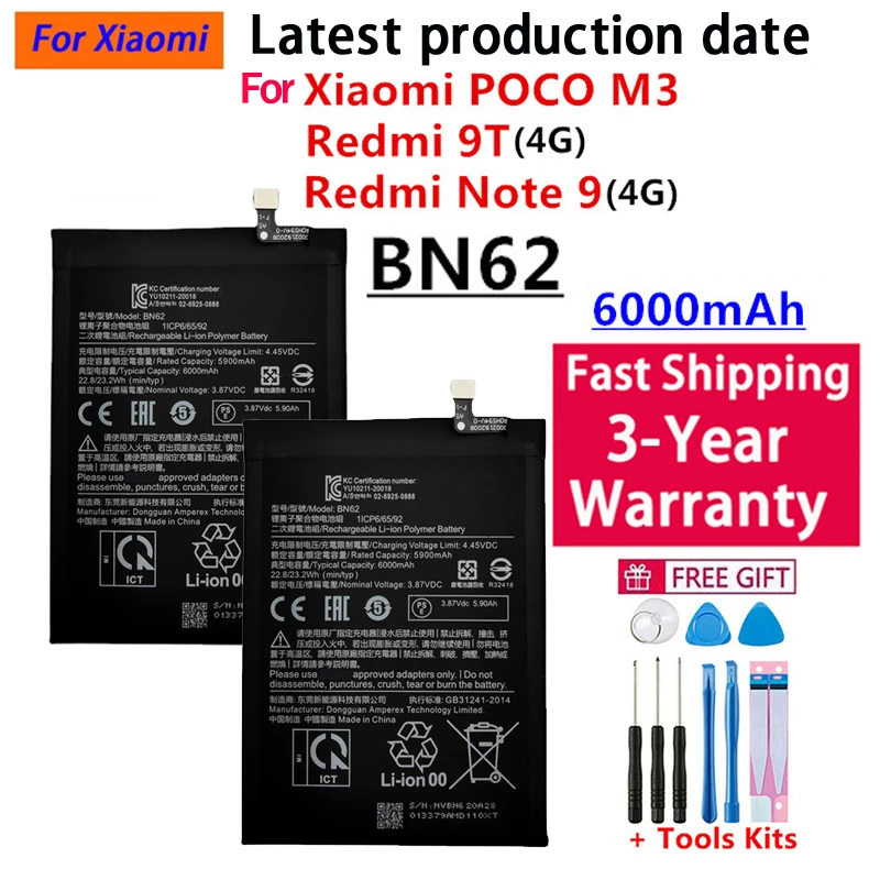 6000mAh BN62 Battery For Xiaomi Pocophone Poco M3 For Note 9 Redmi 9T Batteries Bateria Fast Shipping