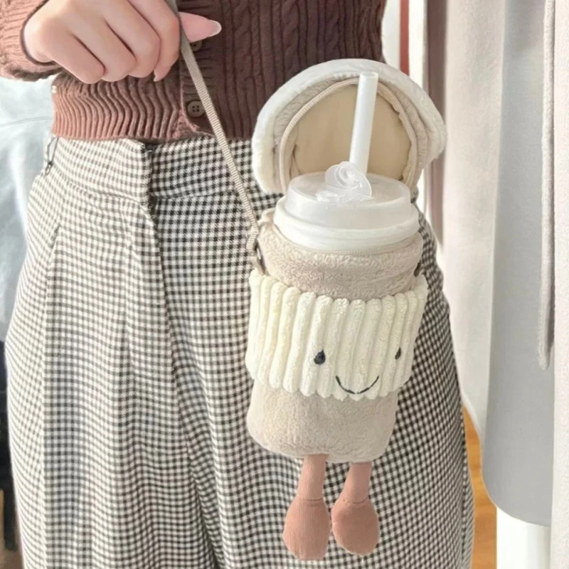Cartoon Cute Plush Crossbody Bag with Milk Tea Cup Set Women's Shoulder Bag with Toy Holder Customized Coffee Companion Bag