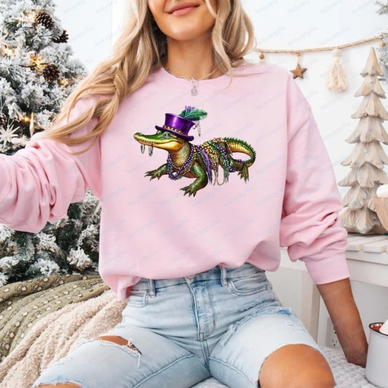Mardi Gras 2026 Alligator Sweatshirt Mardi Gras Sweatshirt Mardi Gras Festival Celebration Shirt Winter Clothes Women Goth Tops