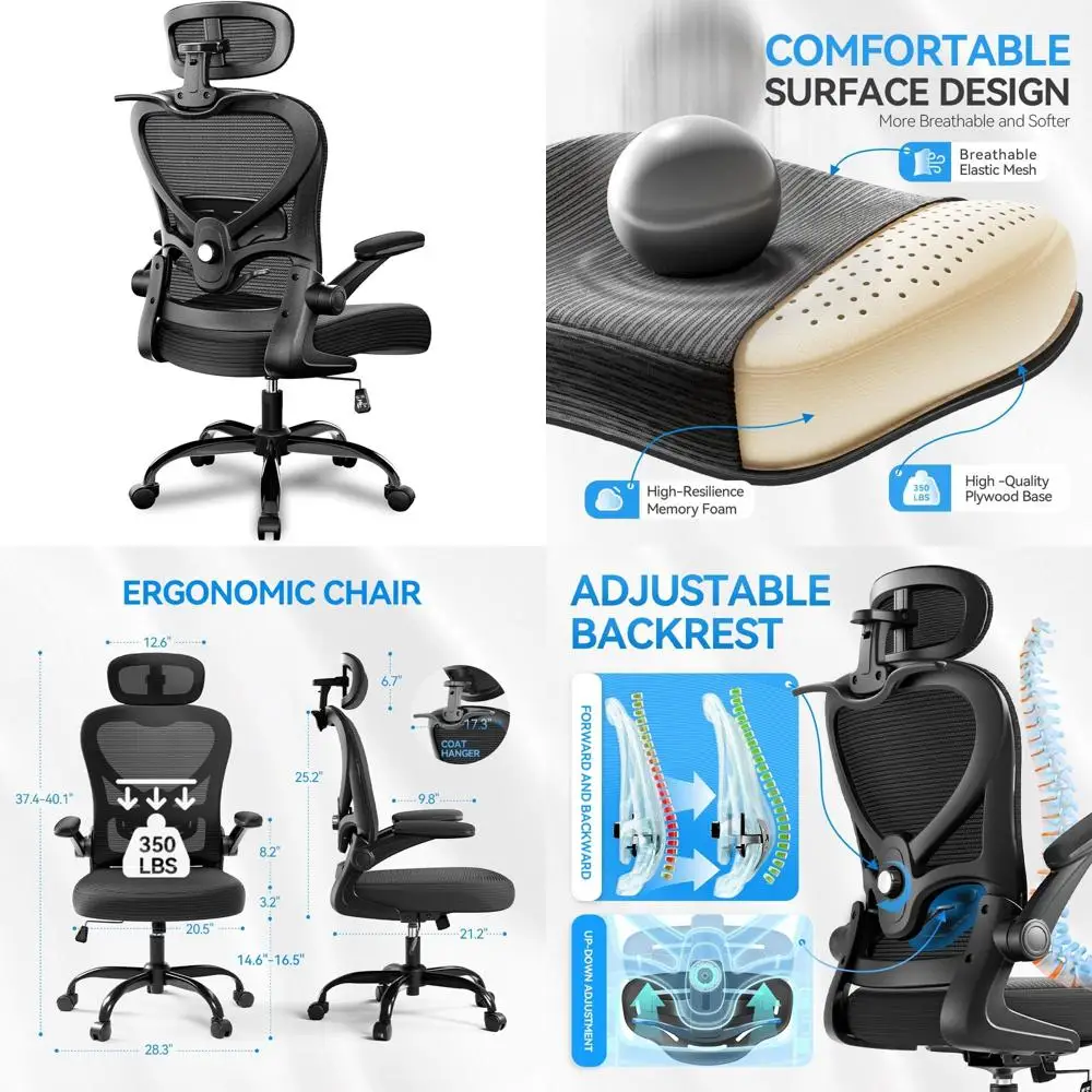 

Эргономичное офисное кресло с сетчатой спинкой, регулируемой поясничной опорой и мягкими подлокотниками, грузоподъемность 350 фунтов, подходит для дома или офиса, цвет черный.