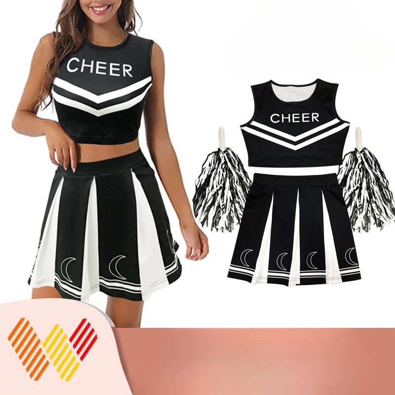 Girls Cheerleading Uniform Dance Costume Printed Vest with Pleated Skirt and 1 Pair Tassel Flower Balls Outfit Set