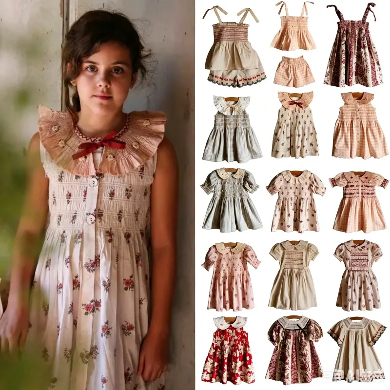 Girls' Dress 2026 Summer New Print Embroidery Wrapped Bubble Sleeve Shirt Princess Dress Cotton Countryside Style Girls' Dress