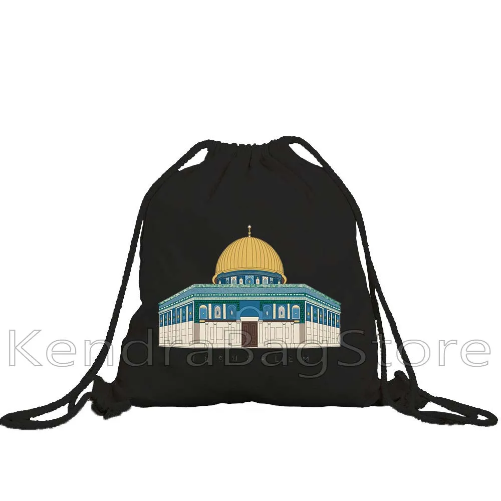 Arabische Keffiyeh Kalligraphie Geschenk Jerusalem Al Aqsa Moschee Retro Briefmarken Canvas Kordelzug Rucksack Sport Gym Sackpack String Bag