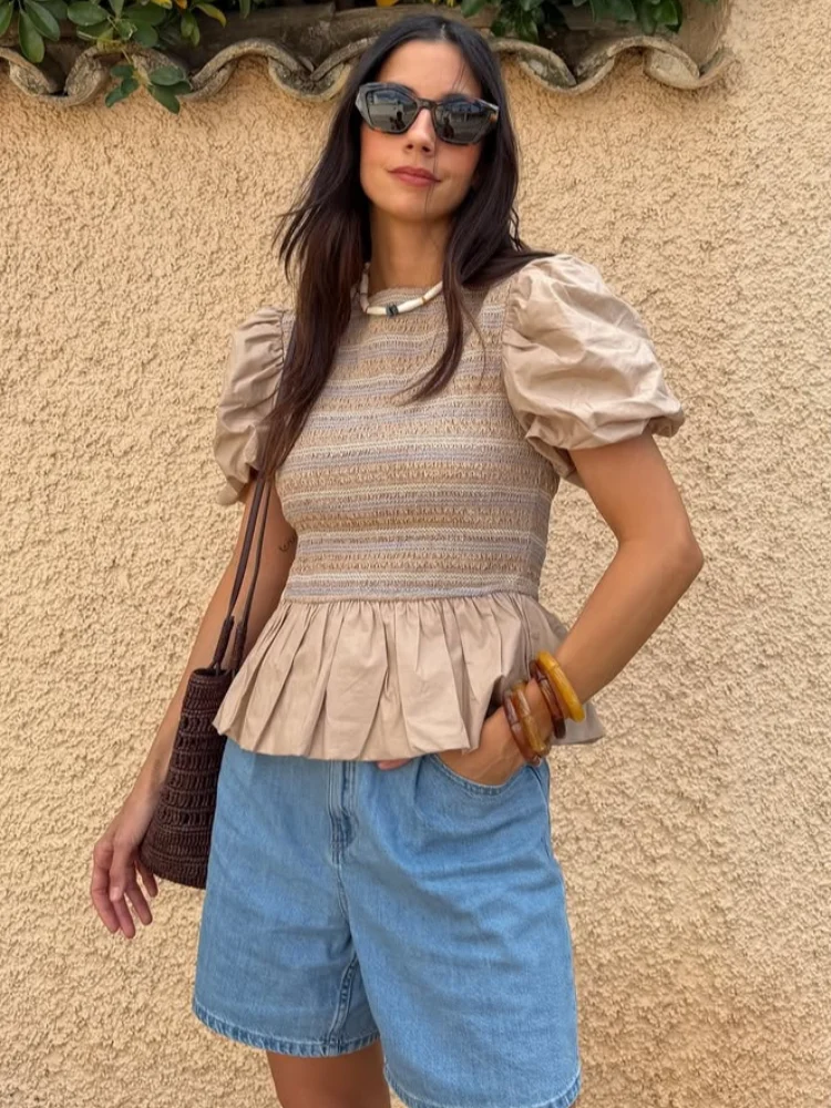 

Beige Smocked Puff Sleeve Peplum Top Women Round Neck Short Sleeve Shirt 2026 Spring Lady Casual Elegant Everyday Blouse