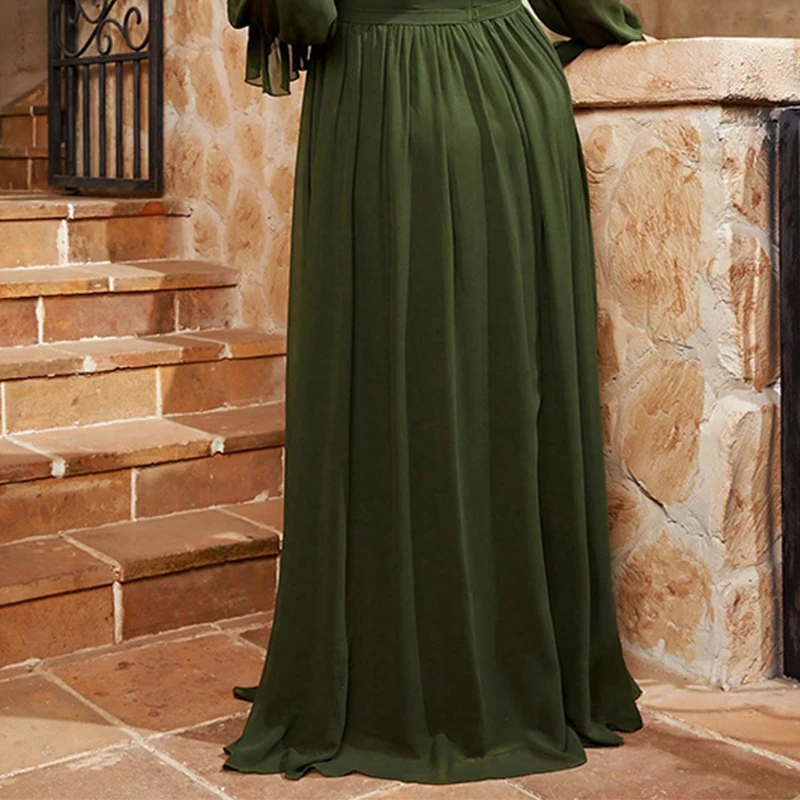 Abito da donna con scollo a V verde elegante taglie forti Abito da sera con gonna a maniche lunghe a lanterna di grandi dimensioni Abiti da ballo maxi Abiti