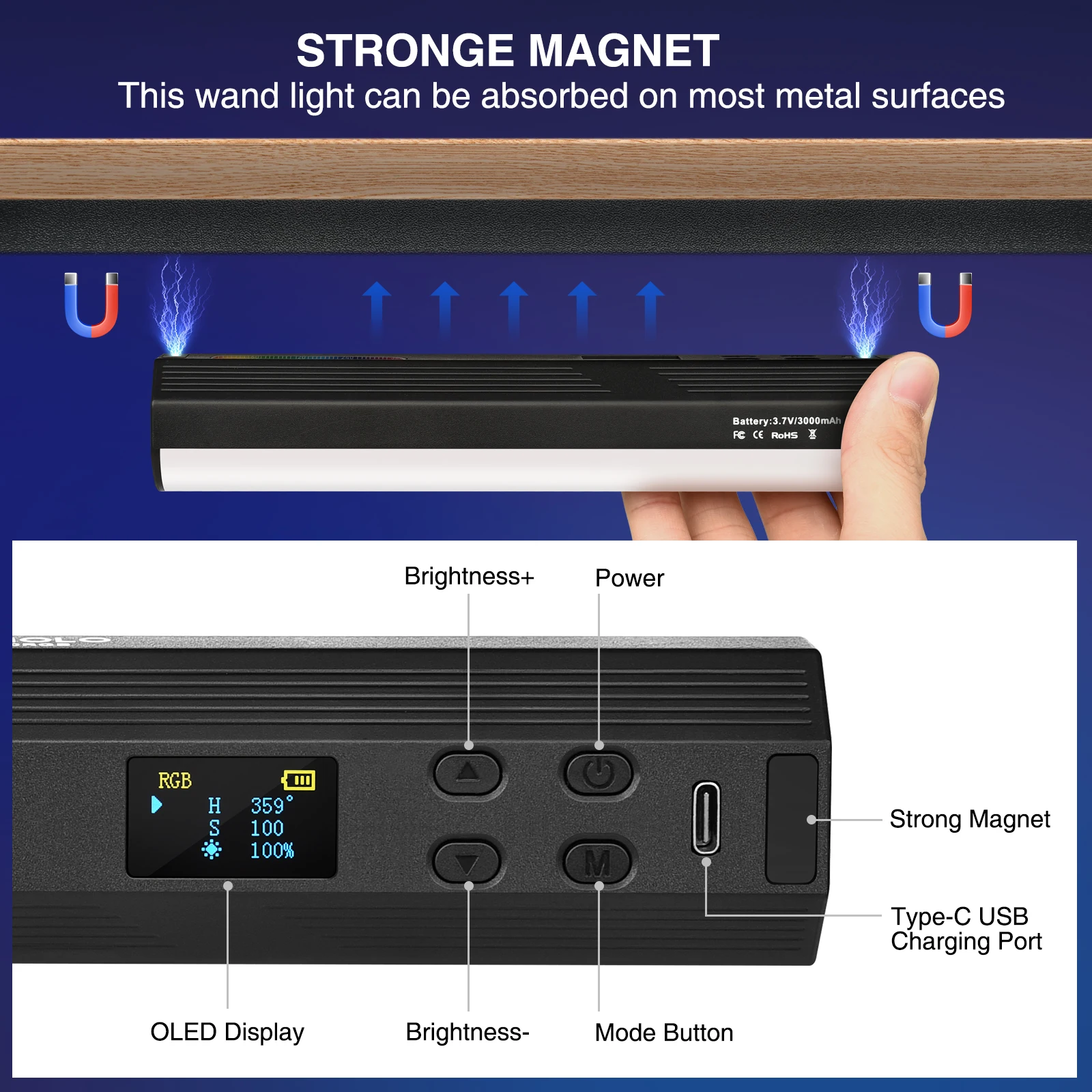 Handheld Rgb Kleurrijke Stok Licht 95+ 2500-9000K Dimbare Magnetische Aantrekkingskracht Handheld Led Licht Fotografie studio Lamp