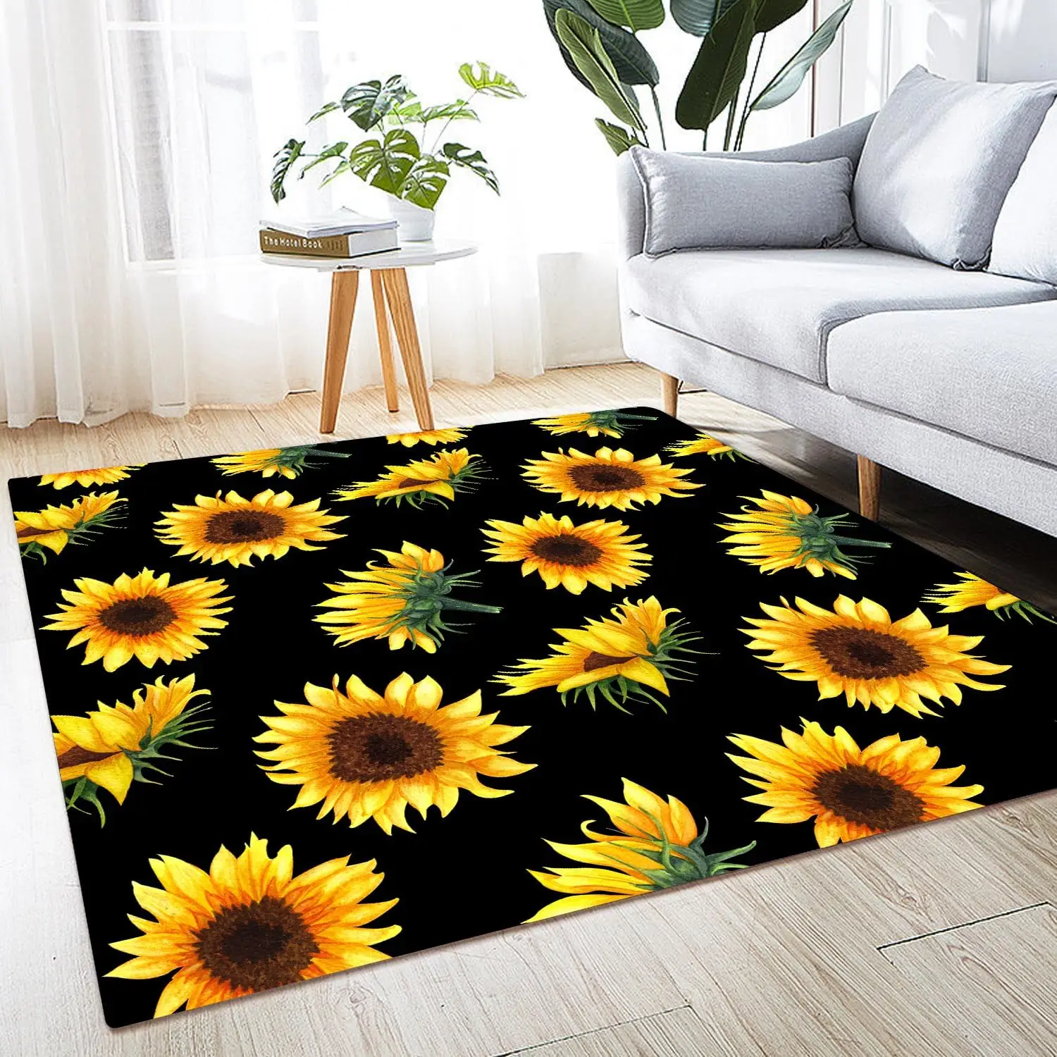 Large Area Rug Carpet for Bedroom Living Room Kids Room Home Decor Entryway Indoor Rugs Mat Non Slip Sunflower Black Background