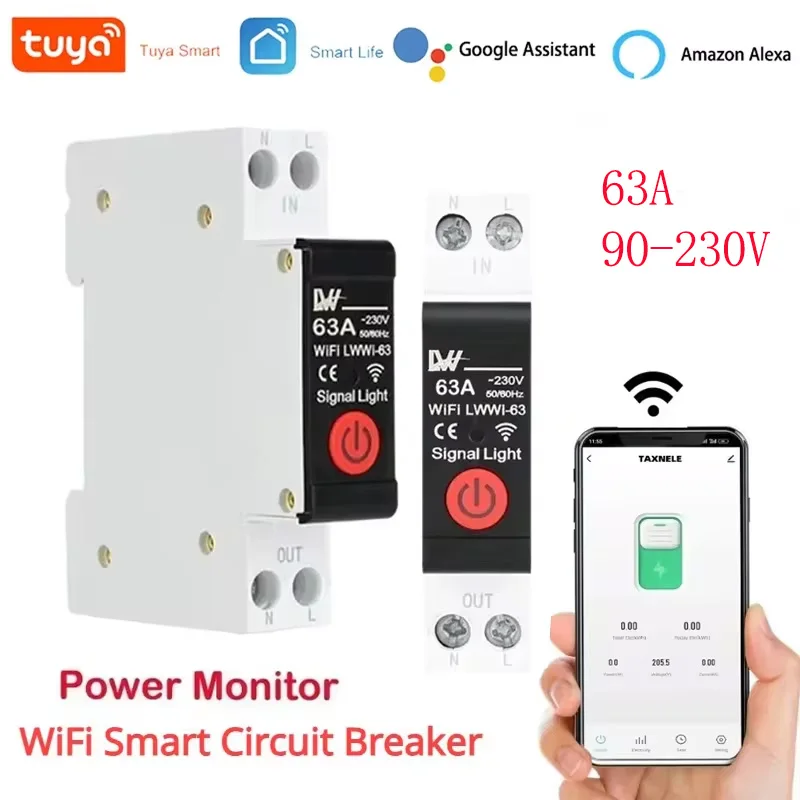 Tuya Wifi 63A Smart Power Monitor Electricity Meter Switch 230V Timer Relay Circuit Breaker For Refrigerator TV work with Alexa