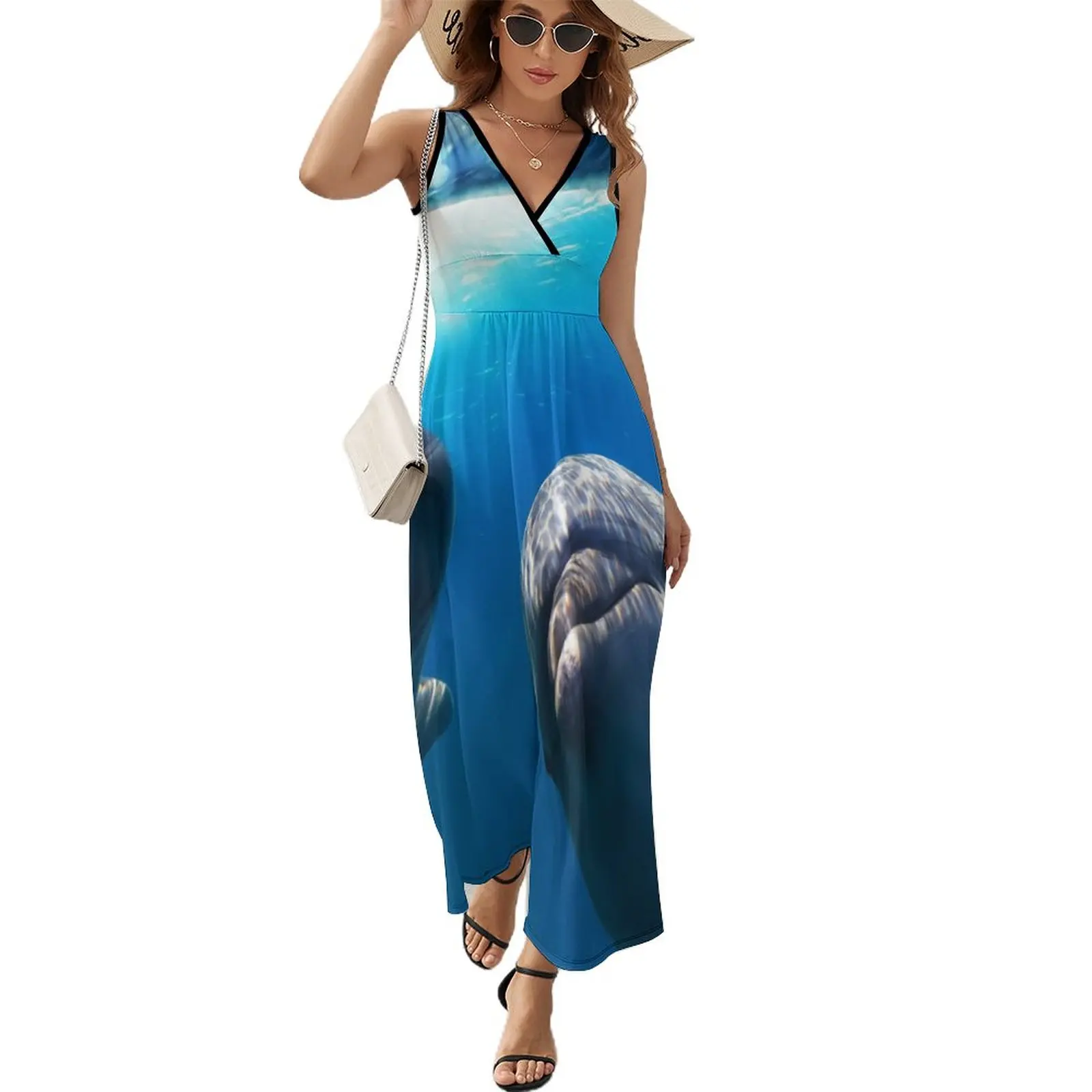 

Dolphin (16) Dress WomenKawaii Maxi Dress V Neck High Waist Korean Fashion Printed Boho Beach Long Dresses