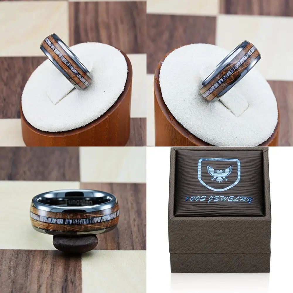 

Мужские обручальные кольца из вольфрама цвета оружейной стали с инкрустацией из древесины винных бочек и оленьего рога, размеры 6-16