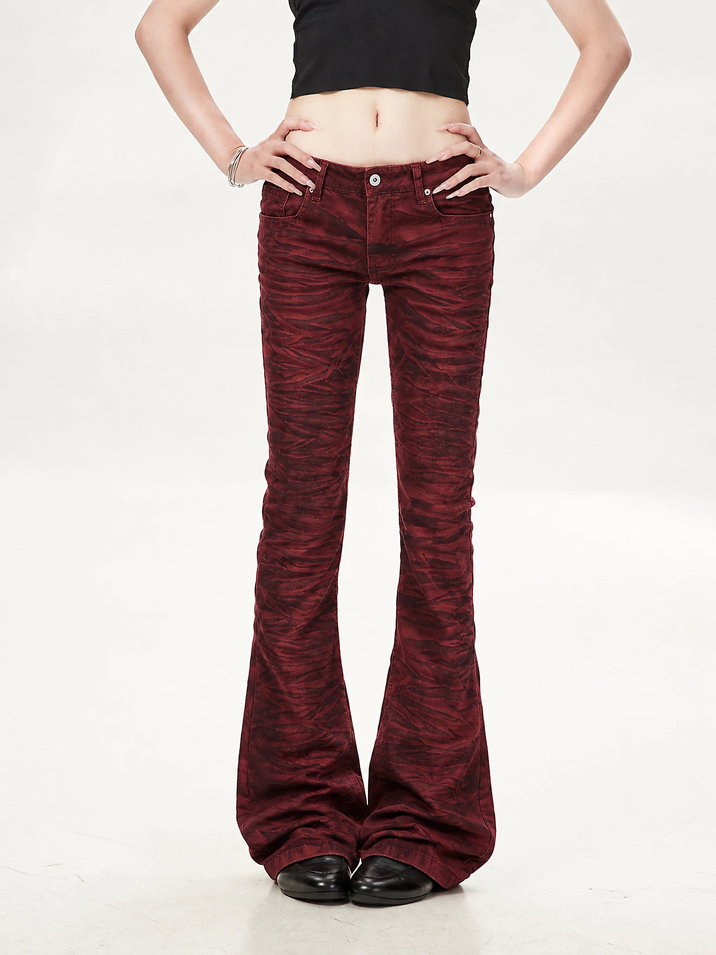 Low Waist Bell Bottom Pants Ant Y2K Red Brown Leopard Print Casual High Waist Lengthening Personality Design Floor-Length Tro...