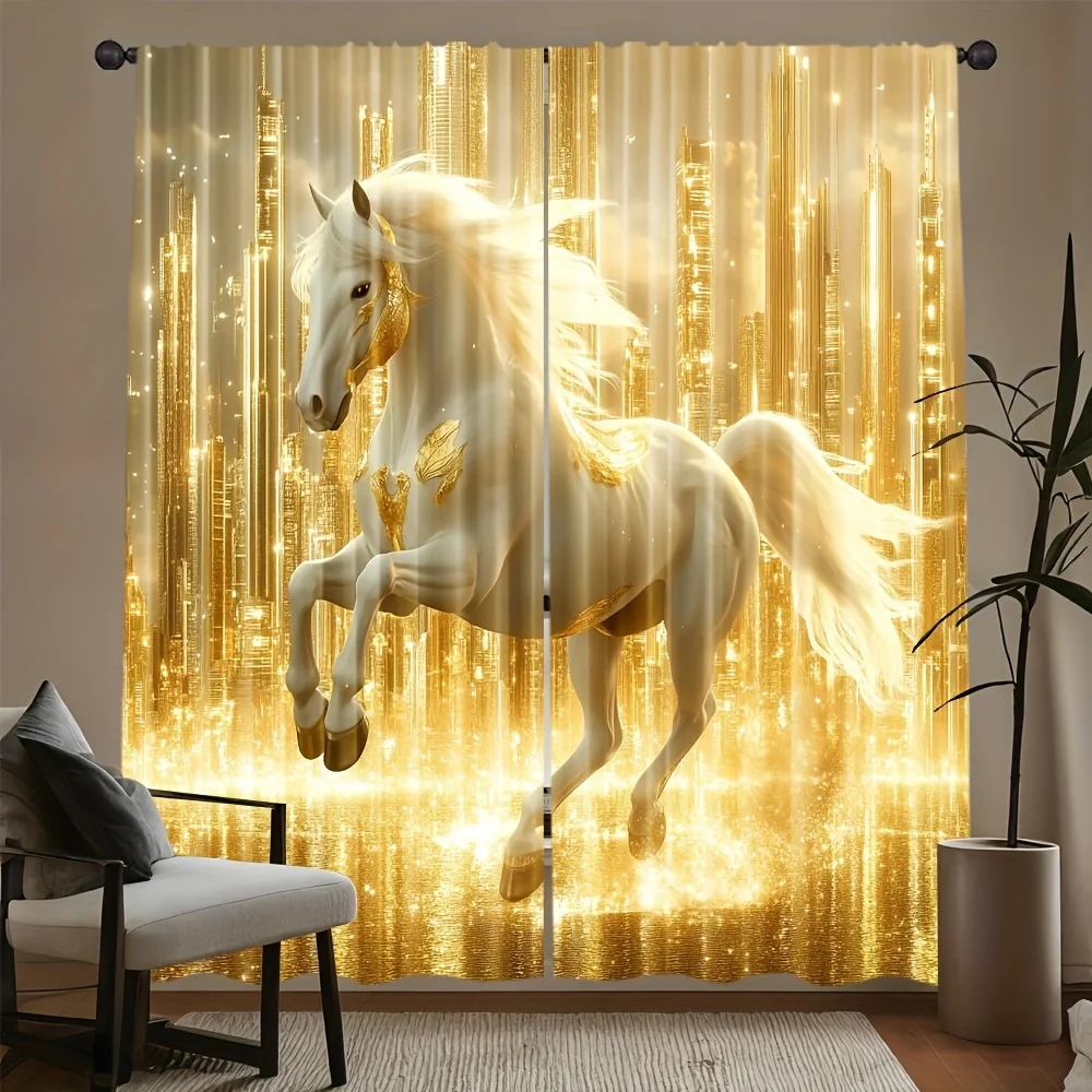 2pc Gilded White Horse Roller Shades with Golden Cityscape, Light-Filtering Rod Pocket Curtains for Living Room & Kitchen